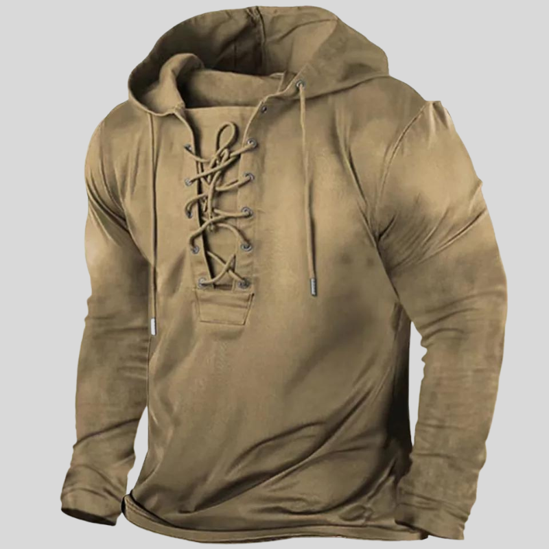 Men’s Long-Sleeve Shirt – Relaxed Fit – Lace-Up Neck – Rugged Fabric – Button Pockets
