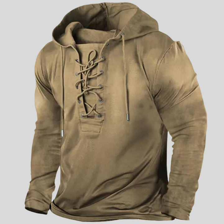 Men’s Long-Sleeve Shirt – Relaxed Fit – Lace-Up Neck – Rugged Fabric – Button Pockets