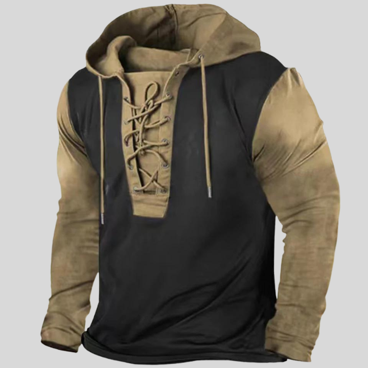 Men’s Long-Sleeve Shirt – Relaxed Fit – Lace-Up Neck – Rugged Fabric – Button Pockets