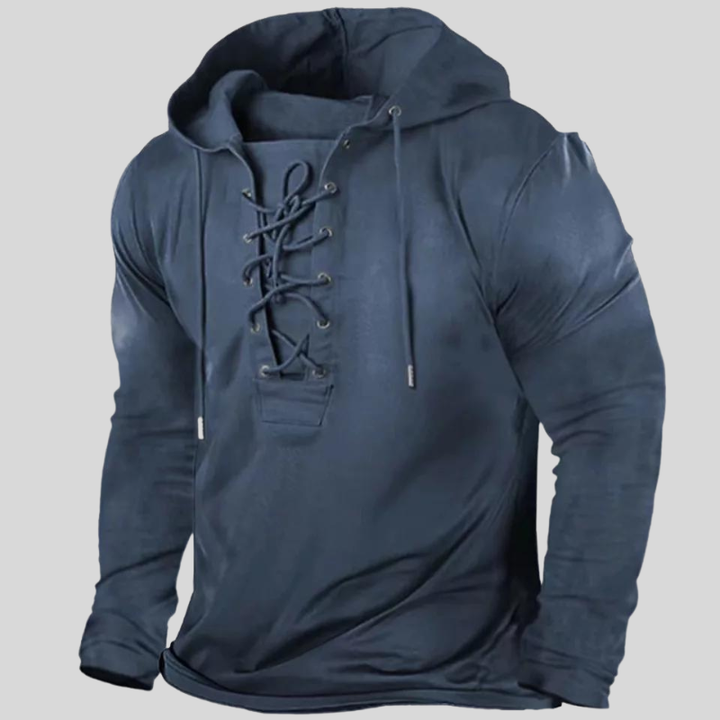 Men’s Long-Sleeve Shirt – Relaxed Fit – Lace-Up Neck – Rugged Fabric – Button Pockets