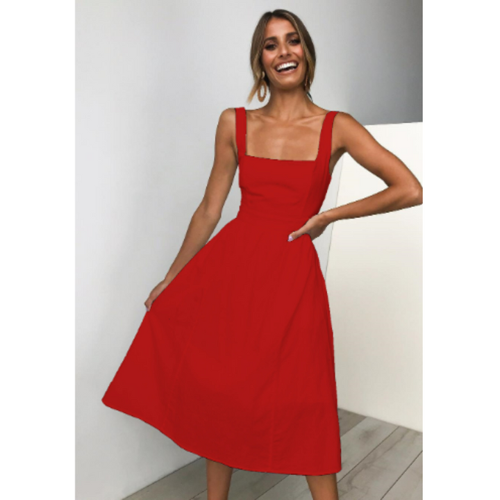 Women's Midi Dress - Fit-and-Flare - Square Neck - Sleeveless Elegant Style