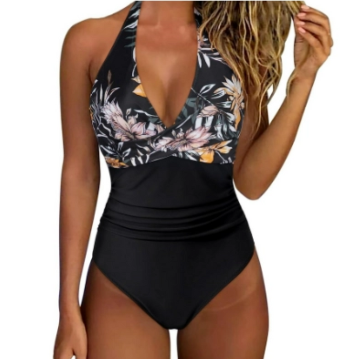 Women’s One-Piece Swimsuit – Halter Neck – Plunging Neckline – Ruched Waist – Elegant Fit