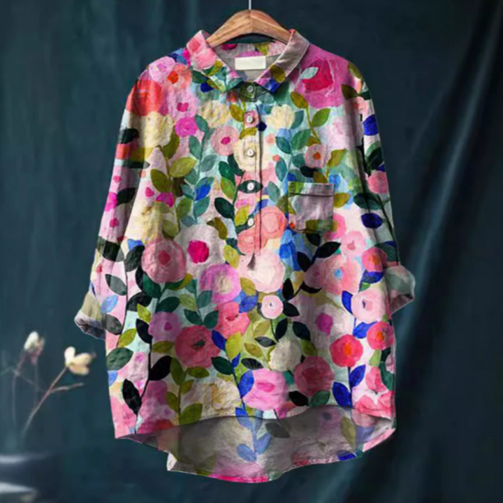 Women’s Blouse – Relaxed Fit – Natural Fibers – Floral Print – Button Front – Collared