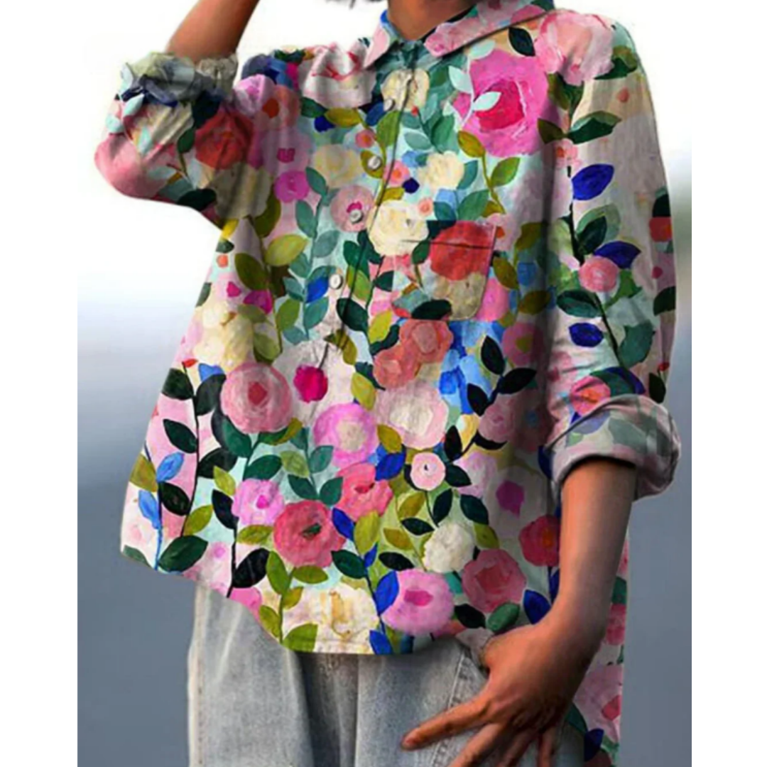 Women’s Blouse – Relaxed Fit – Natural Fibers – Floral Print – Button Front – Collared