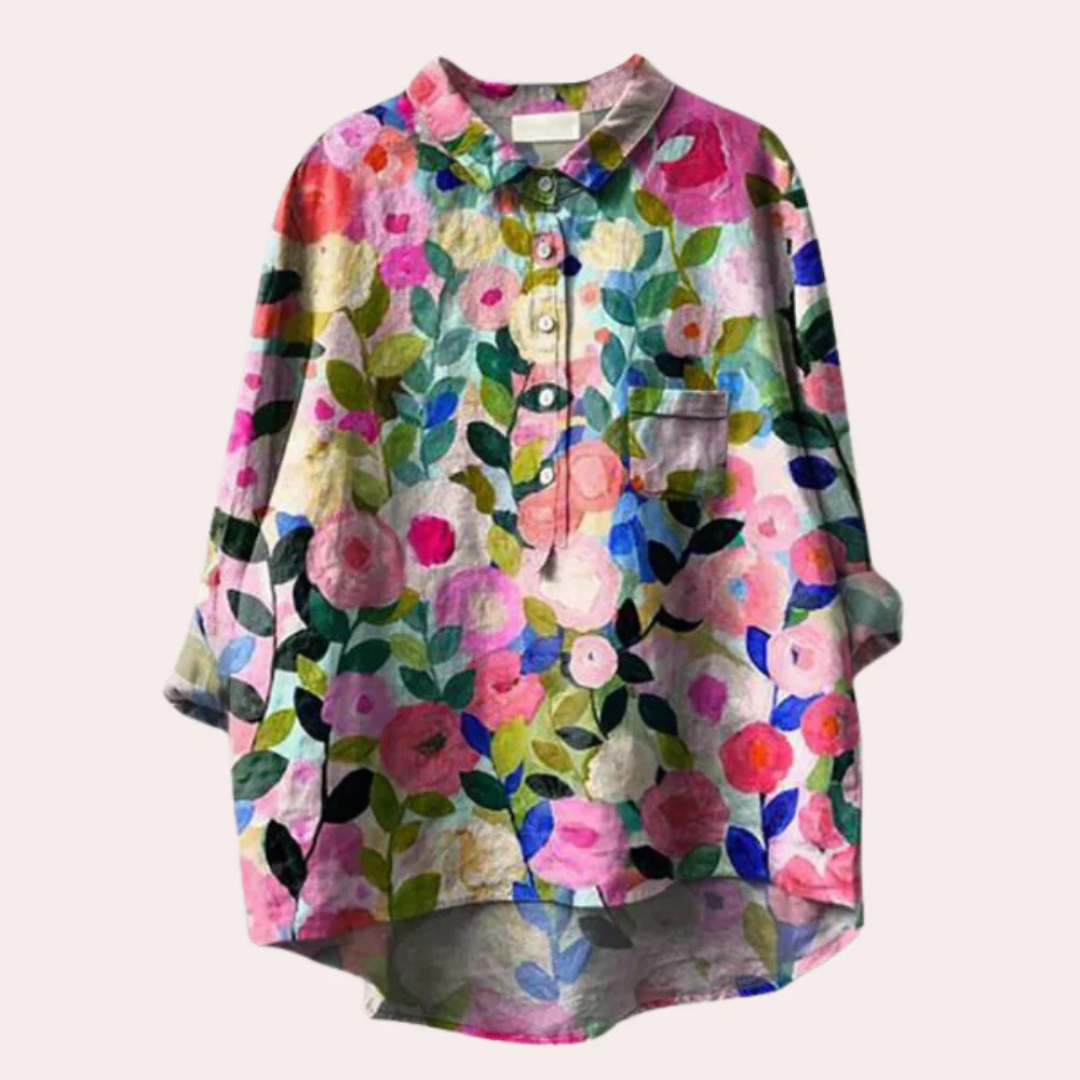 Women’s Blouse – Relaxed Fit – Natural Fibers – Floral Print – Button Front – Collared