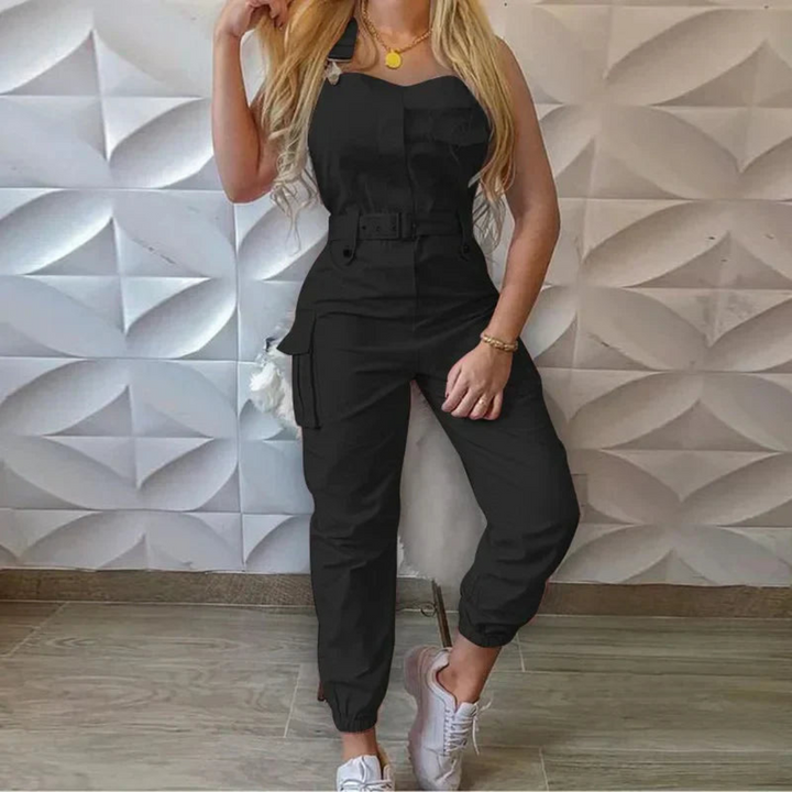 Women’s Jumpsuit – Tailored Fit – Sleeveless – Belted Waist – Cargo Style – Tapered Leg