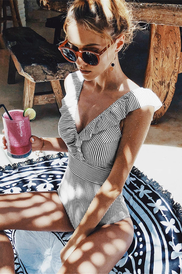 Women’s One-Piece Swimsuit – Ruffle Neck – Form-Fitting – Vertical Stripe – Breathable Fabric