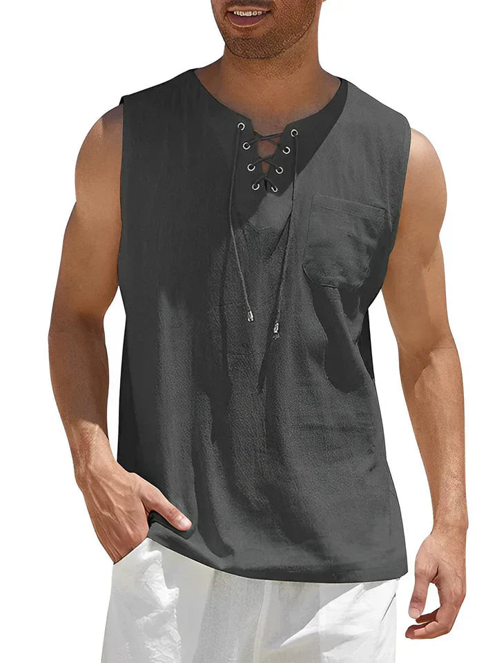 Men’s Tank Top – Relaxed Fit – Lace-Up Front – Chest Pocket – Breathable Blend