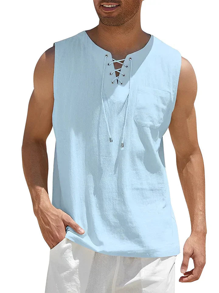 Men’s Tank Top – Relaxed Fit – Lace-Up Front – Chest Pocket – Breathable Blend