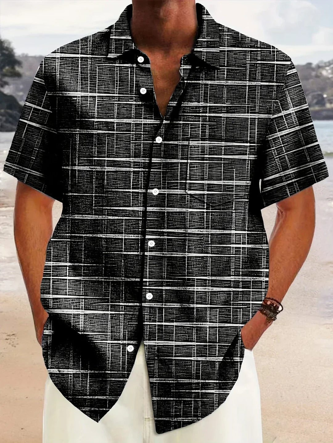 Men’s Short Sleeve Shirt - Plaid Pattern - Regular Fit - Button Down - Breathable Blend