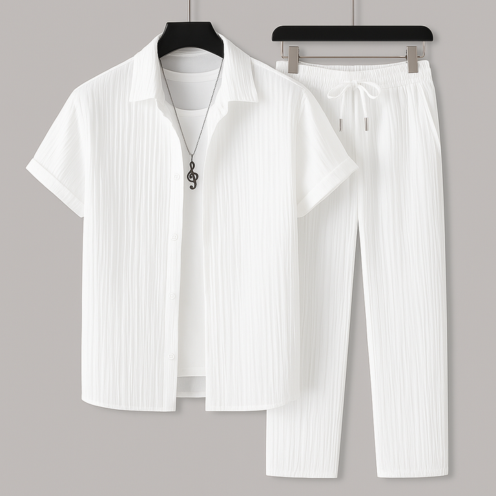 Men’s Two-Piece Set – Relaxed Fit – Short Sleeve Shirt – Drawstring Trousers – Natural Fibers
