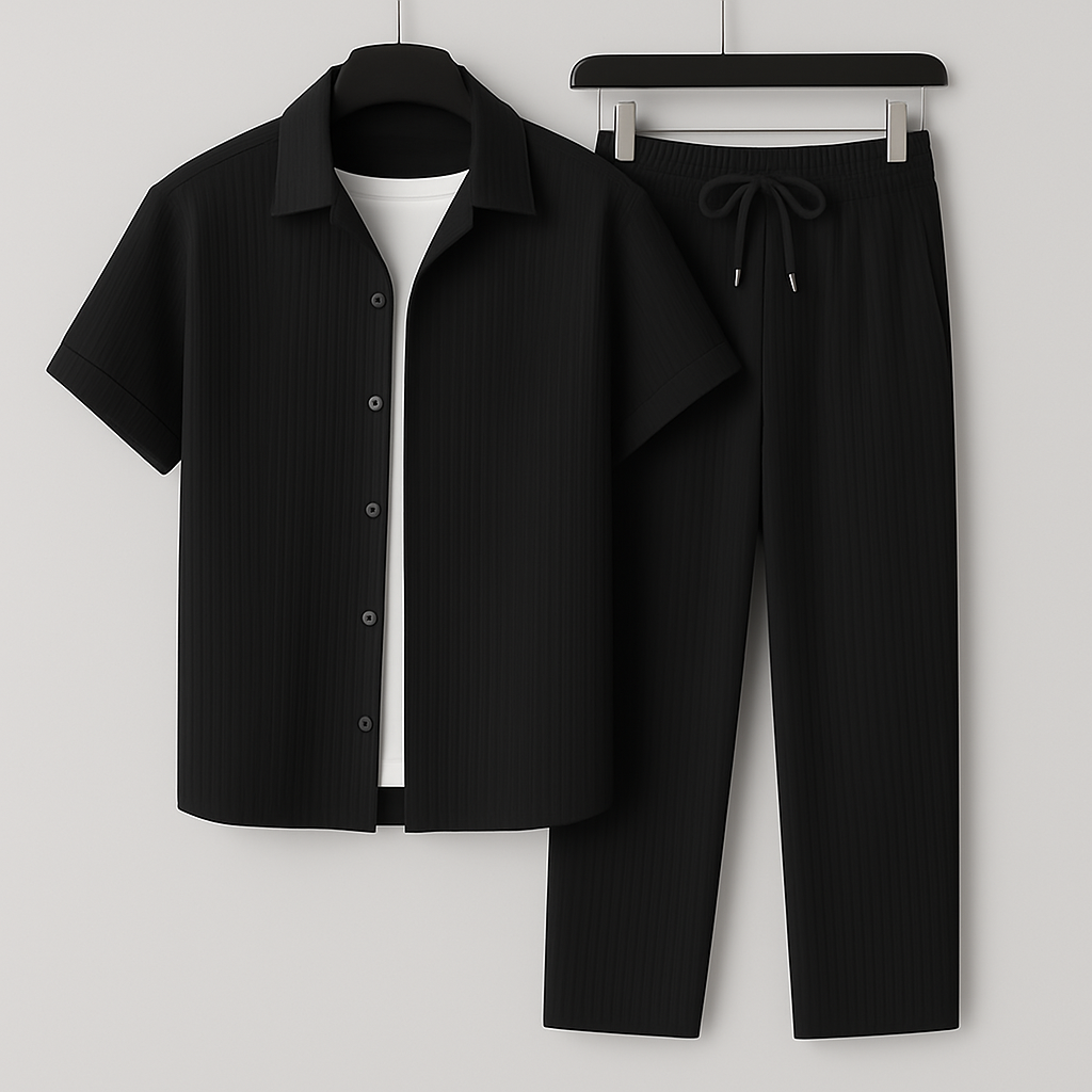 Men’s Two-Piece Set – Relaxed Fit – Short Sleeve Shirt – Drawstring Trousers – Natural Fibers