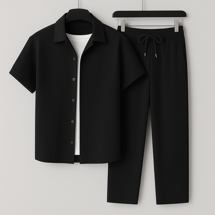 Men’s Two-Piece Set – Relaxed Fit – Short Sleeve Shirt – Drawstring Trousers – Natural Fibers
