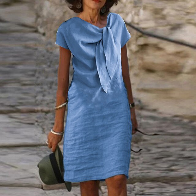 Women’s Evening Dress – Mini Length – Relaxed Fit – Short Sleeve – Statement Bow