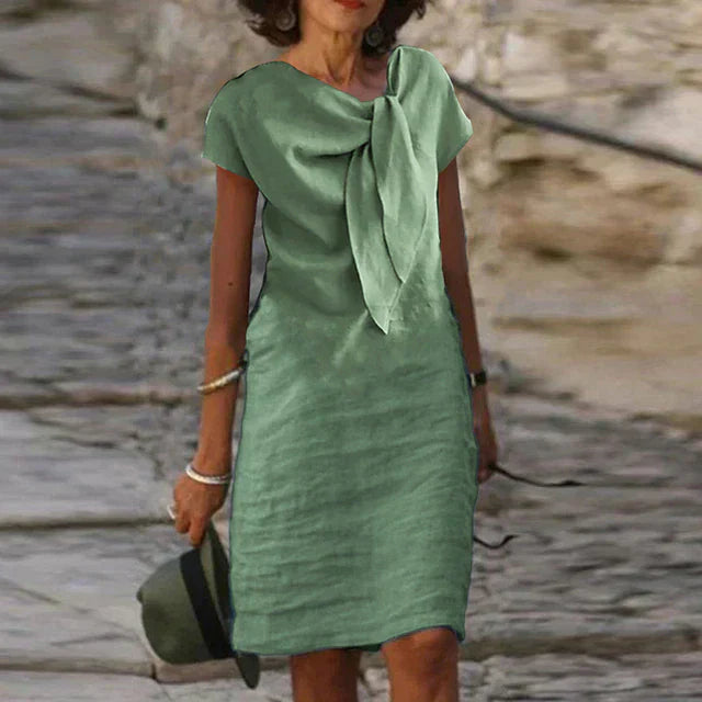 Women’s Evening Dress – Mini Length – Relaxed Fit – Short Sleeve – Statement Bow