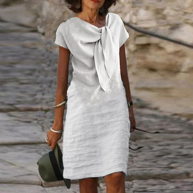 Women’s Evening Dress – Mini Length – Relaxed Fit – Short Sleeve – Statement Bow