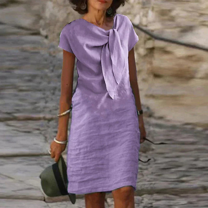 Women’s Evening Dress – Mini Length – Relaxed Fit – Short Sleeve – Statement Bow