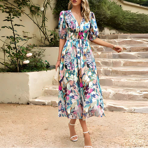 Women's Midi Dress - Floral Print - V-Neck - Puff Sleeves - Cinched Waist - Flowy Fit