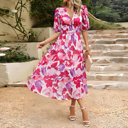 Women's Midi Dress - Floral Print - V-Neck - Puff Sleeves - Cinched Waist - Flowy Fit