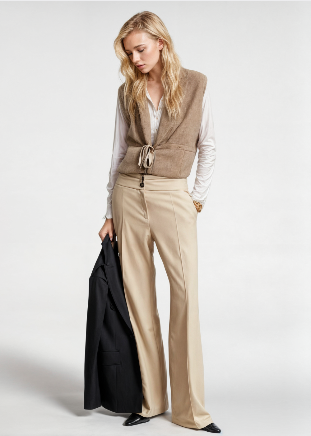 Women’s Vest – Cashmere – Relaxed Fit – Deep V-Neck – Tie Front – Waist Length