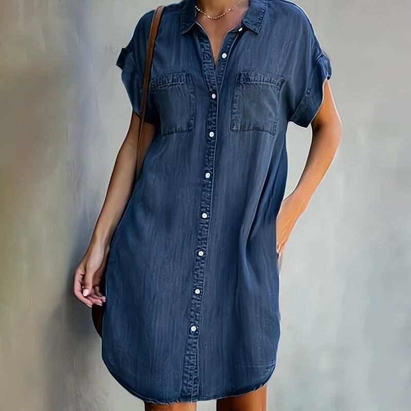 Women’s Shirt Dress - Relaxed Fit - Button-Down Front - Natural Fibers Casual Wear