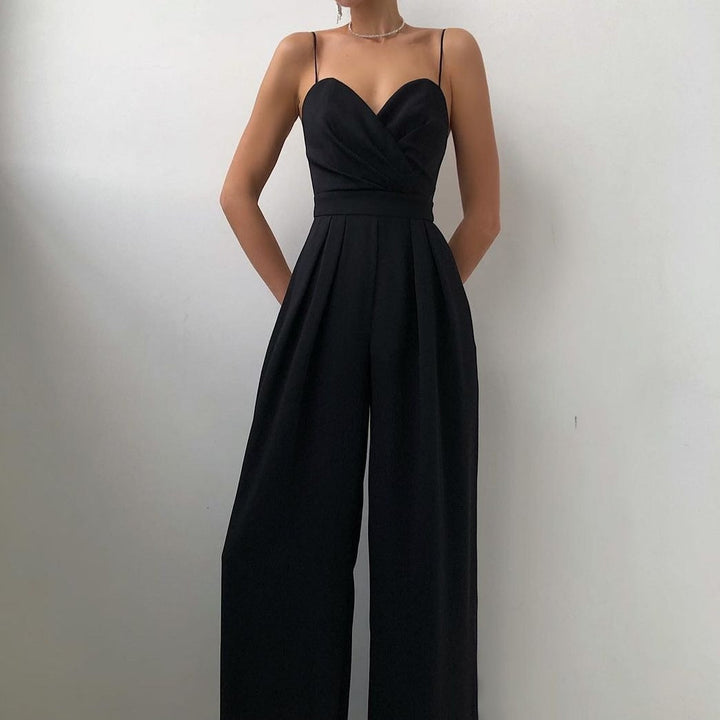 Women's Jumpsuit - Sleeveless Sweetheart Neckline - Ruched Bust - Wide-Leg Elegant Fit