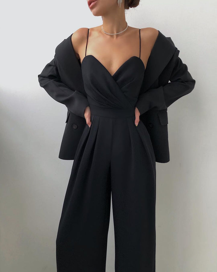 Women's Jumpsuit - Sleeveless Sweetheart Neckline - Ruched Bust - Wide-Leg Elegant Fit