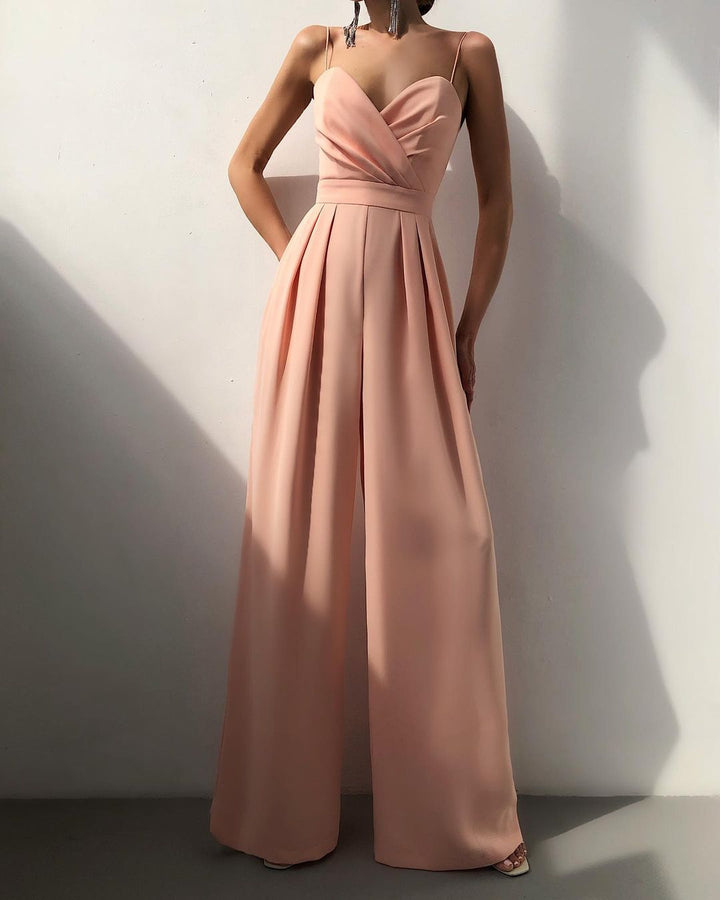 Women's Jumpsuit - Sleeveless Sweetheart Neckline - Ruched Bust - Wide-Leg Elegant Fit