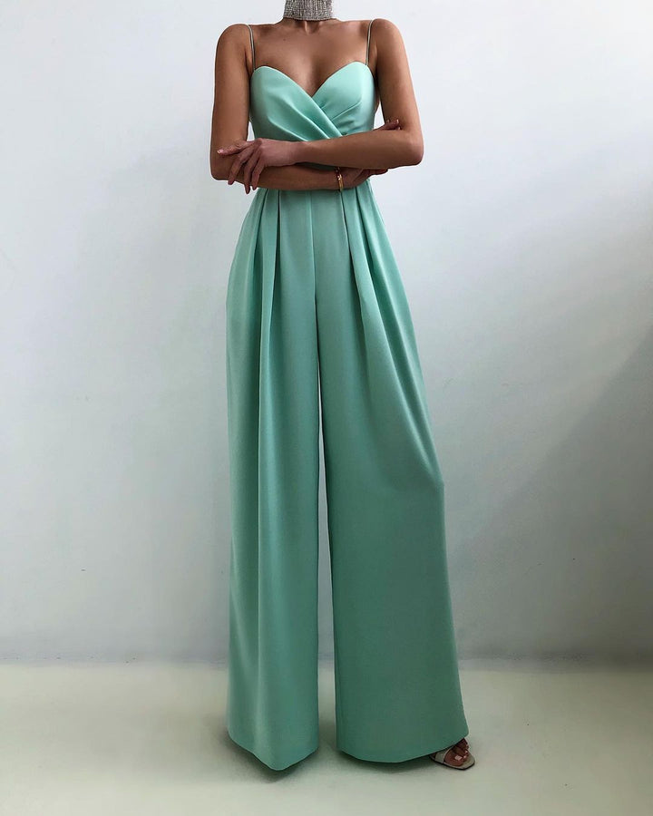 Women's Jumpsuit - Sleeveless Sweetheart Neckline - Ruched Bust - Wide-Leg Elegant Fit