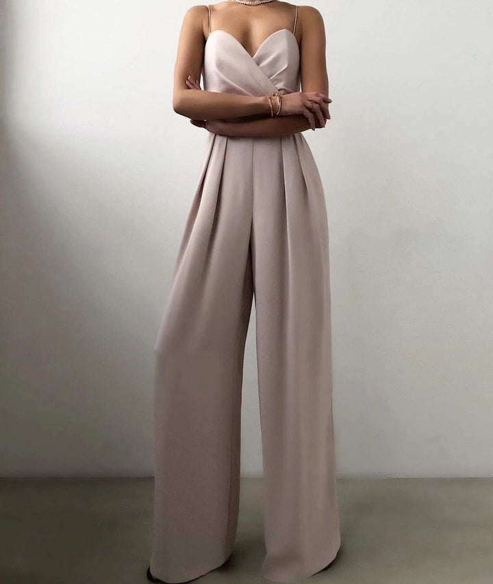 Women's Jumpsuit - Sleeveless Sweetheart Neckline - Ruched Bust - Wide-Leg Elegant Fit