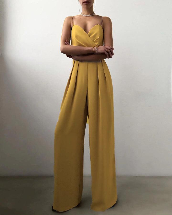 Women's Jumpsuit - Sleeveless Sweetheart Neckline - Ruched Bust - Wide-Leg Elegant Fit