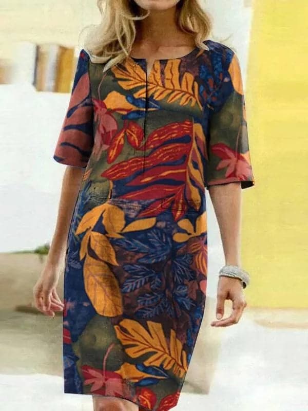 Women’s Knee-Length Dress – Relaxed Fit – Half Sleeve – Breathable Blend – Bold Print