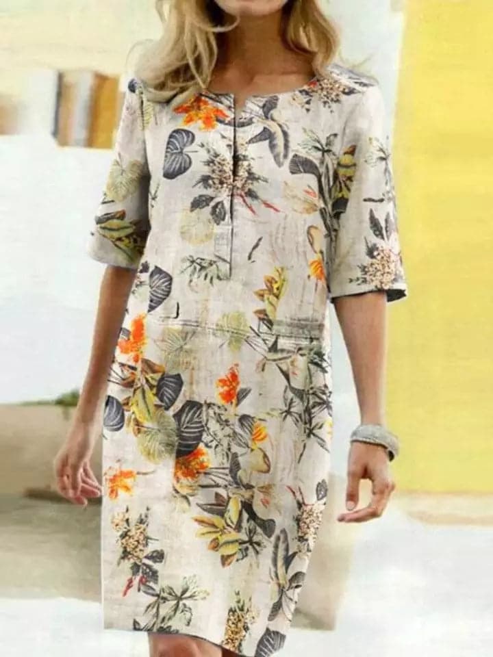 Women’s Knee-Length Dress – Relaxed Fit – Half Sleeve – Breathable Blend – Bold Print
