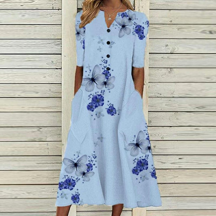 Women’s Midi Dress – V-Neck – Button Down – Short Sleeve – Loose Fit – Breathable Blend