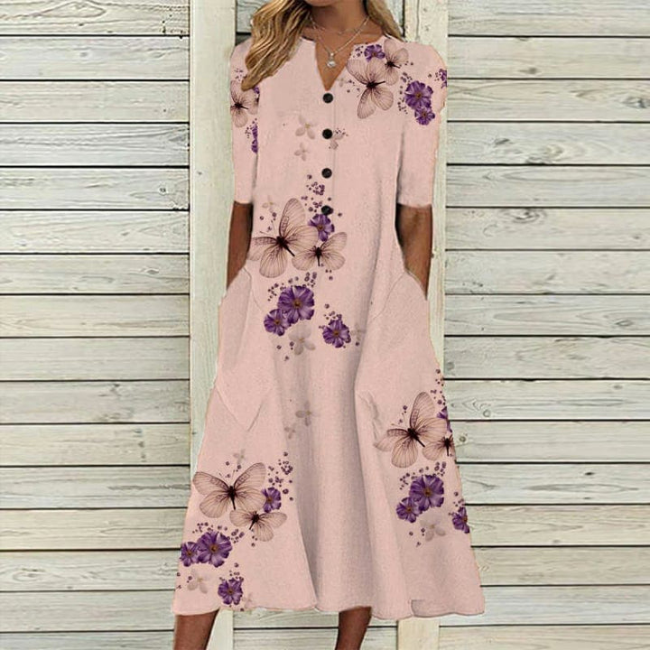 Women’s Midi Dress – V-Neck – Button Down – Short Sleeve – Loose Fit – Breathable Blend