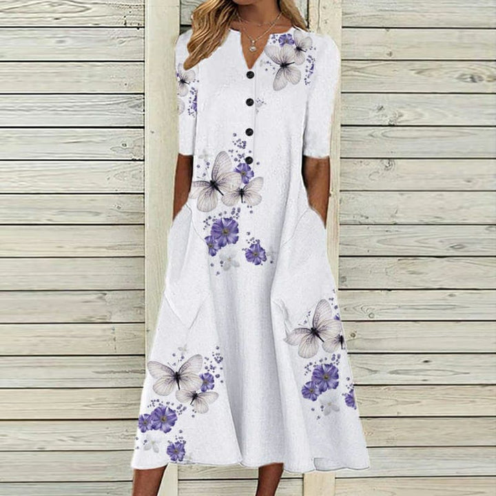 Women’s Midi Dress – V-Neck – Button Down – Short Sleeve – Loose Fit – Breathable Blend