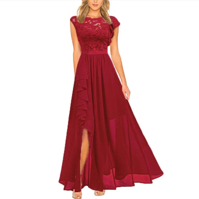 Women's Evening Gown - Lace Overlay - Cap Sleeves - Fitted Bodice - Flowing Maxi Dress