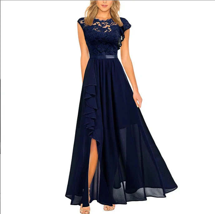 Women's Evening Gown - Lace Overlay - Cap Sleeves - Fitted Bodice - Flowing Maxi Dress