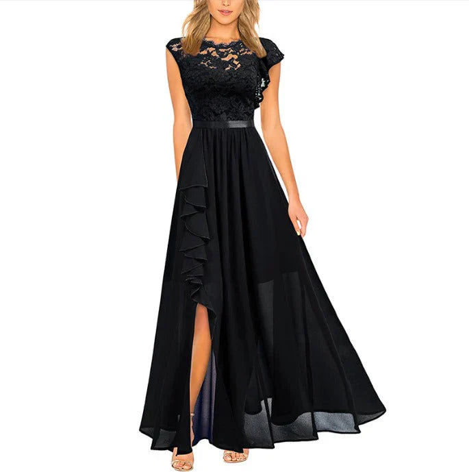 Women's Evening Gown - Lace Overlay - Cap Sleeves - Fitted Bodice - Flowing Maxi Dress