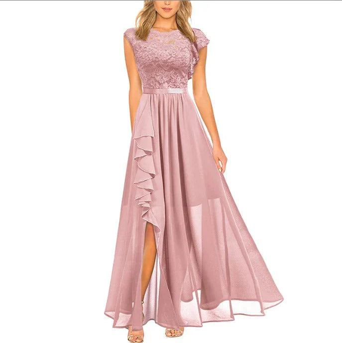 Women's Evening Gown - Lace Overlay - Cap Sleeves - Fitted Bodice - Flowing Maxi Dress