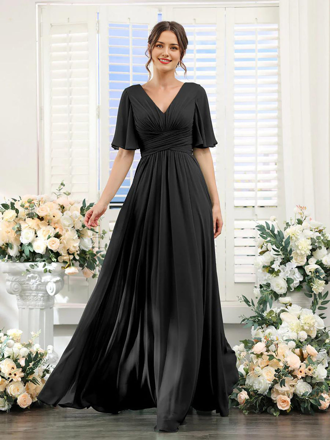 Women’s Dress – Flowing A-Line Fit – V-Neck – Full Length – Chiffon
