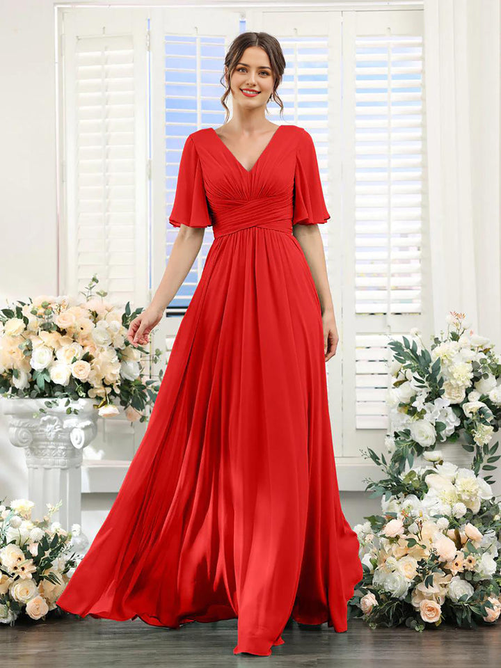 Women’s Dress – Flowing A-Line Fit – V-Neck – Full Length – Chiffon