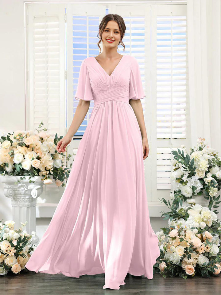 Women’s Dress – Flowing A-Line Fit – V-Neck – Full Length – Chiffon