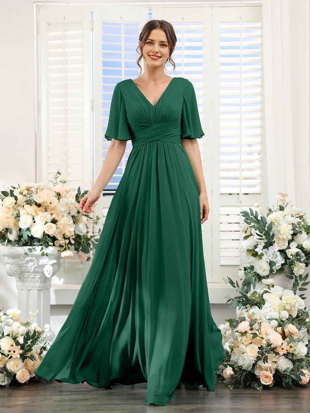 Women’s Dress – Flowing A-Line Fit – V-Neck – Full Length – Chiffon
