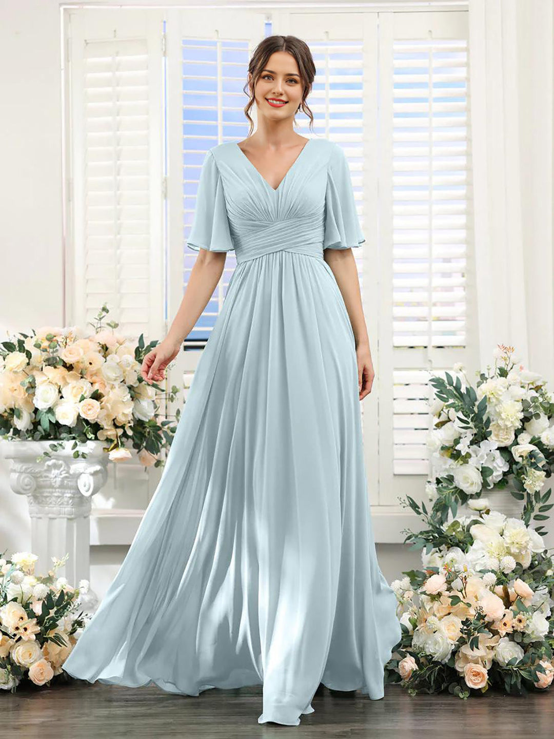 Women’s Dress – Flowing A-Line Fit – V-Neck – Full Length – Chiffon