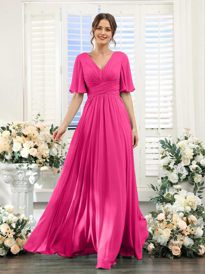 Women’s Dress – Flowing A-Line Fit – V-Neck – Full Length – Chiffon