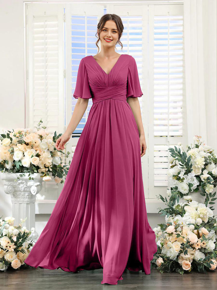 Women’s Dress – Flowing A-Line Fit – V-Neck – Full Length – Chiffon