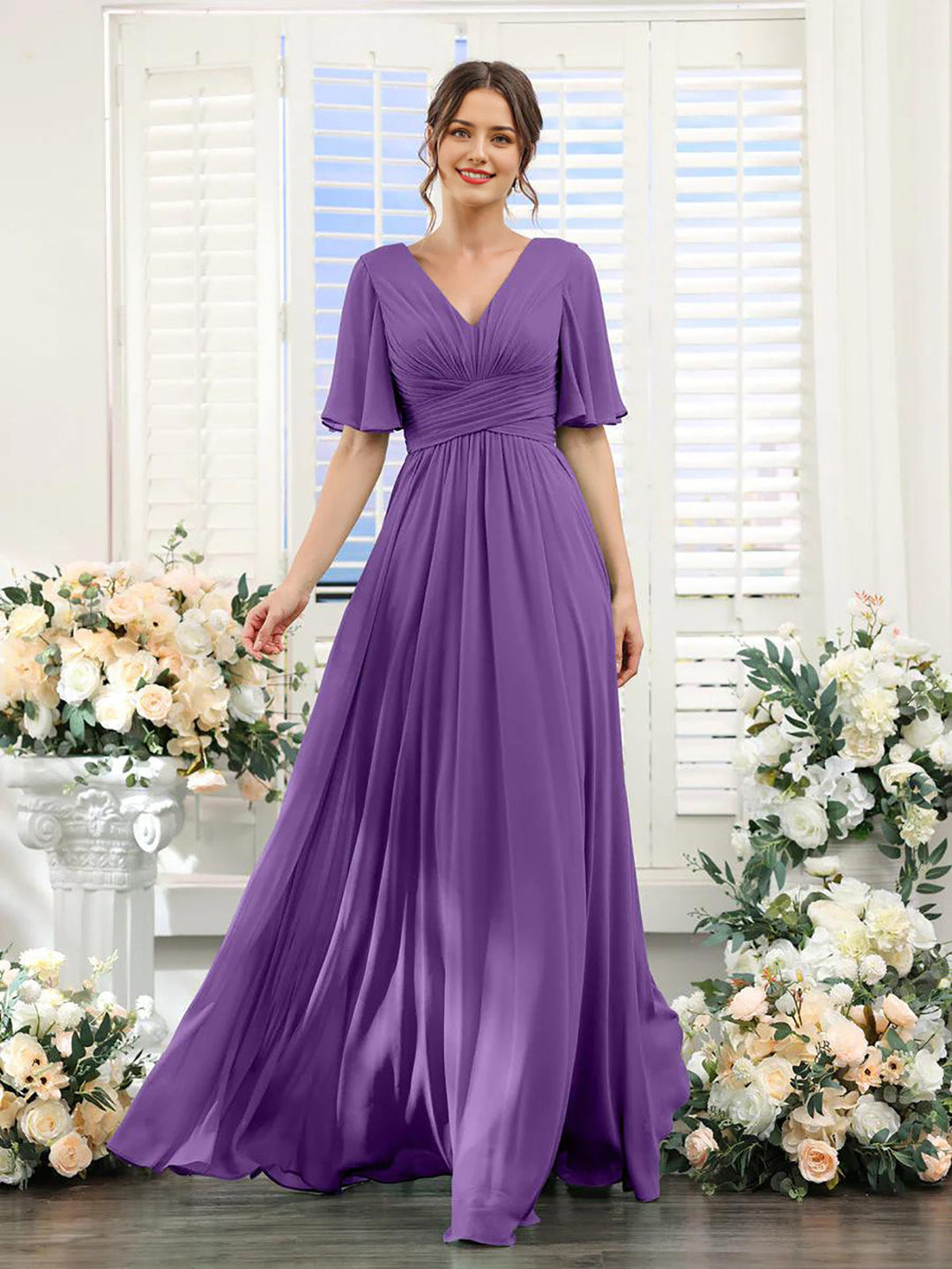 Women’s Dress – Flowing A-Line Fit – V-Neck – Full Length – Chiffon