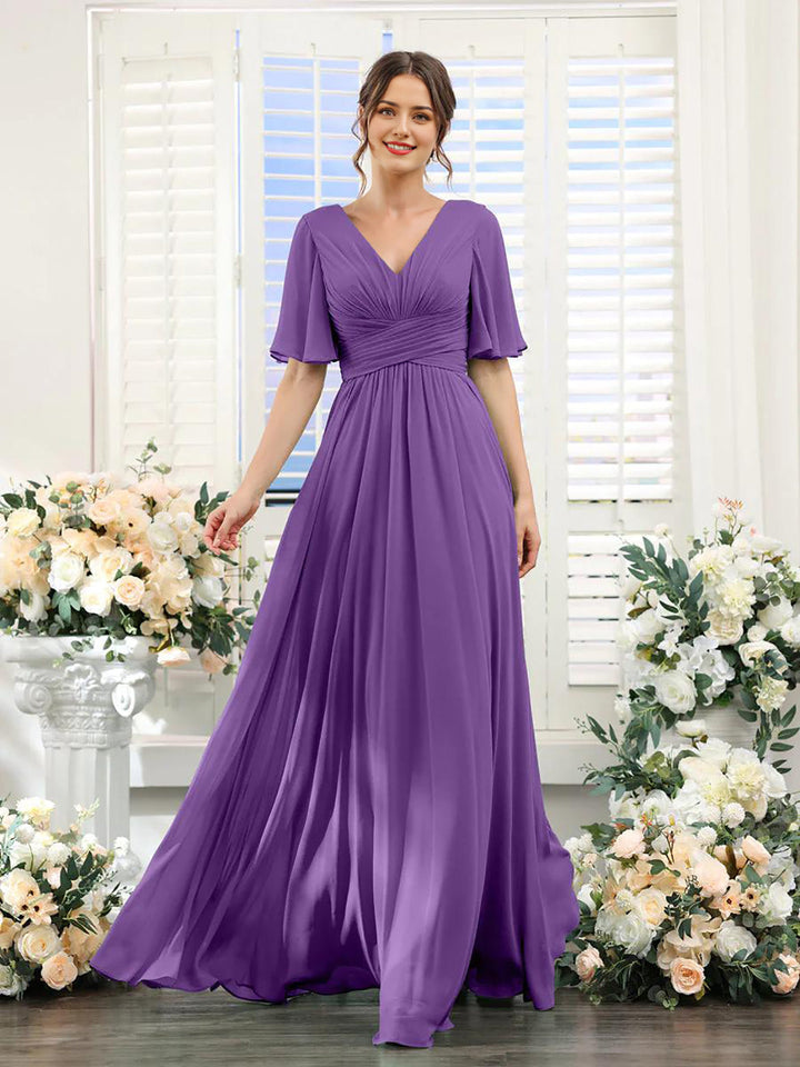 Women’s Dress – Flowing A-Line Fit – V-Neck – Full Length – Chiffon