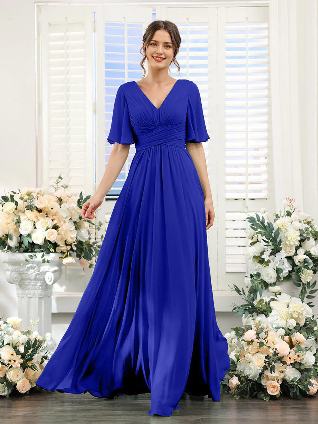 Women’s Dress – Flowing A-Line Fit – V-Neck – Full Length – Chiffon